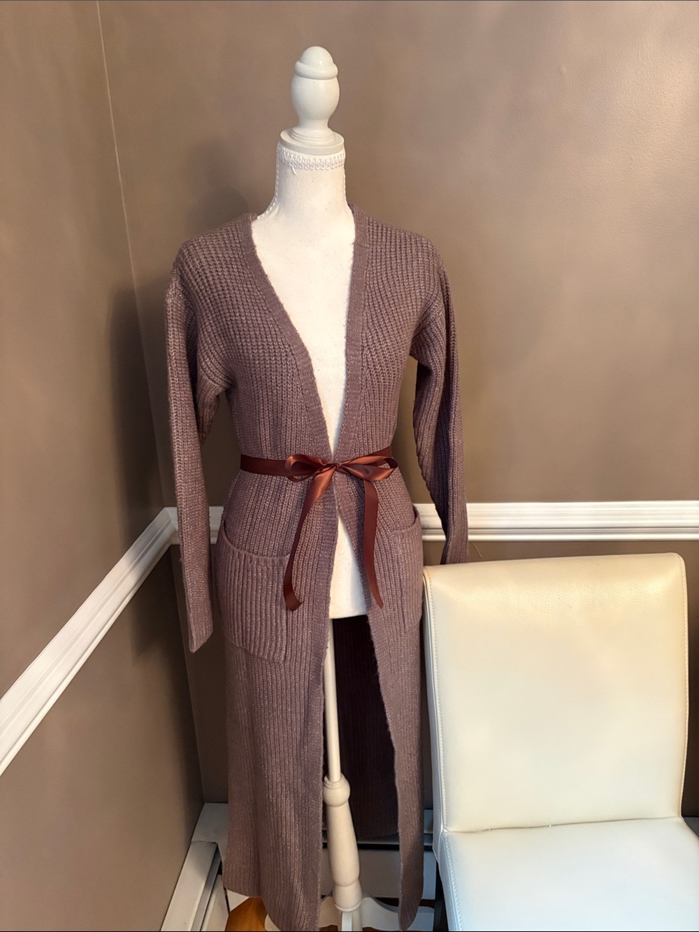 Long Open-Front Women’s Cardigan in Dusty Mauve with Tie Belt